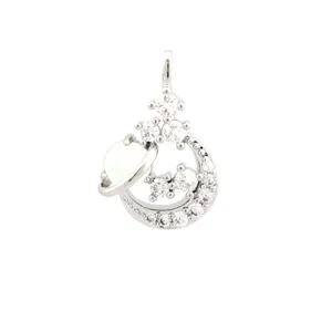 Silver tone star moon planet pendant detail, sparkling cubic zirconia diy jewelry accessory