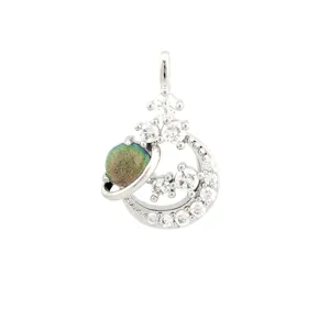 Detailed close-up view of the celestial planet and crescent moon pendant with clear stones.