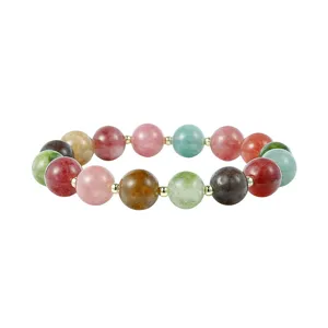Kleurrijke edelsteen kraal detail armband met levendige ronde stenen en gouden afstandsbuisjes.
