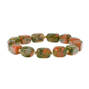 Minimalist unakite gemstone block bracelet with small gold beads, elastic stackable jewelry