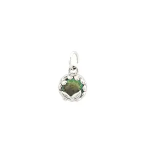 Detailed view of a metal charm with an iridescent gemstone, perfect for DIY jewelry making.