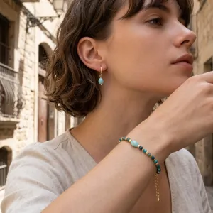 Elegante pulsera de cuentas turquesas y pendientes a juego, conjunto de joyas retro.