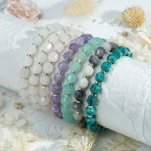 Chic multi-color faceted stone beaded bracelet set, stylish layered aesthetic jewelry.