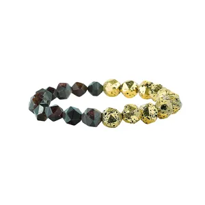 Gefacetteerde steen en vergulde lava kraal stretch armband, tweekleurige kralen accessoire.