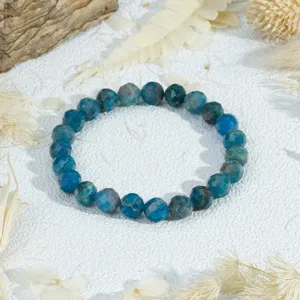 Blauwe natuursteen gefacetteerde kralenarmband, retro stijl elastische stapelbare sieraden.