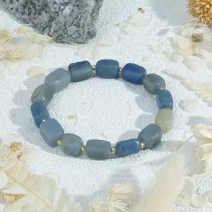 Blue square bead bracelet detail view, minimalist stacking hand chain for women style.