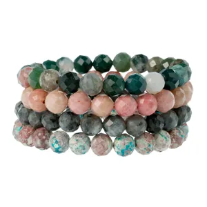Set van meerlaagse gefacetteerde edelsteen kraal armbanden, stapelbare natuursteen elastische armband.