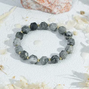 Facet geslepen halfedelsteen armband met gouden kralen, vintage grijze kralen sieraden.