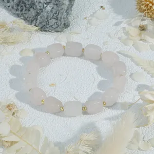 Natural rose quartz gemstone square block beaded bracelet with metallic spacer beads stylish