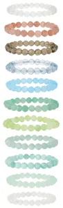 Closeup view of multi-color crystal gemstone faceted round bead bracelets detail display.