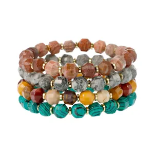 Closeup of multi-color faceted stone bead layered bracelet detail showcasing texture.
