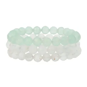 Faceted crystal bead bracelet detail shot, stacked layered gemstone design, clear transparent look.