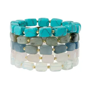 Layered square gemstone bracelet set with multi-color natural stones and gold spacer beads.