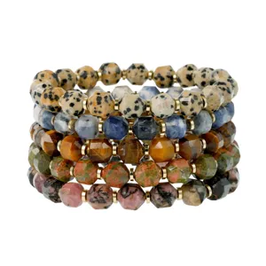 Stacked faceted natural stone bracelet set featuring multi-color gemstones and gold spacers.