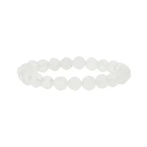 Detail view of translucent crystal bead bracelet, faceted round beads, elegant everyday jewelry.