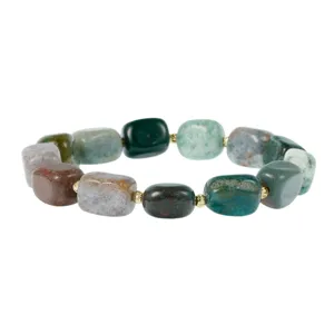 Close-up detail of irregular block natural stone beaded bracelet with gold spacers for women.