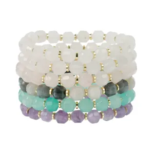 Multicolor faceted stone beaded stackable bracelet set with metallic spacers for daily chic style.
