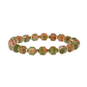 Faceted unakite gemstone beaded bracelet with gold spacers for women elegant daily wear.