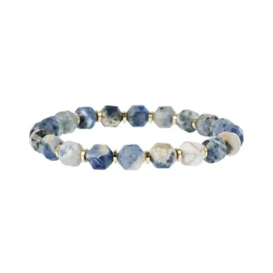 Faceted blue and white speckled stone beaded bracelet with gold spacers vintage style detail