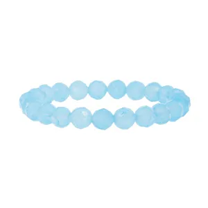 Close-up detail of light blue faceted crystal beaded bracelet, elegant polished gemstone jewelry.