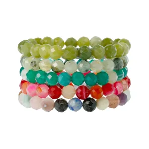 Gefaseerde meerkleurige edelsteen kraal armband set, stapelbare elastische sieraden voor dames.