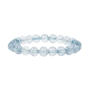Detailed shot of light blue faceted crystal bead bracelet, elegant stacked wrist jewelry.