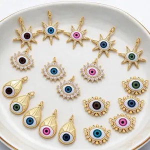 Brass Rhinestone Resin Evil Eye Charm Pendant Micro Inlaid Gold Plated Lucky Blue Eye Connector For DIY Jewelry Making Finding