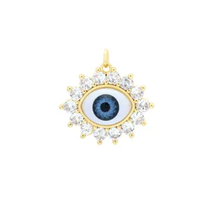 Gold evil eye pendant charm with sparkling clear zircon stones and blue resin eye center diy.