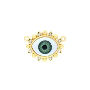 Detailed close-up of a gold-plated evil eye jewelry connector charm with crystal rhinestones.