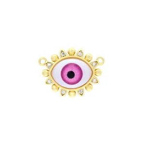 Exquisite gold-plated evil eye pendant connector with pink resin iris and sparkling cubic zirconia.