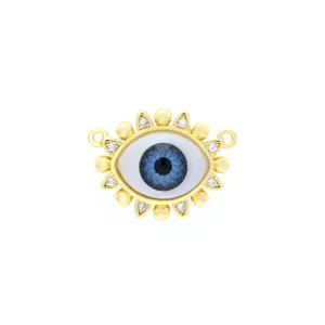 Gold evil eye charm pendant, blue resin eye design with sparkling micro-inlaid cubic zirconia.