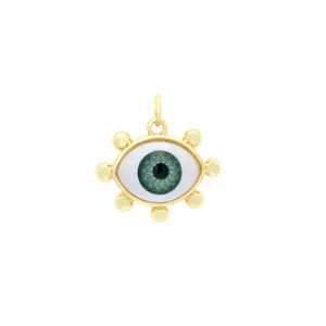 Detailed close-up of a stylish gold-plated evil eye pendant with green resin eye and beads.