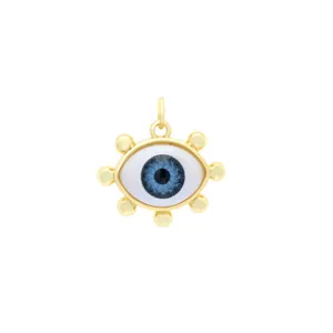 Close-up detailed view of gold evil eye pendant featuring blue resin iris and cute studs.