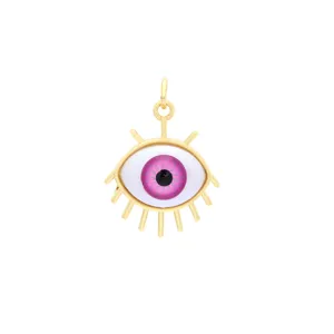 Gold-tone evil eye pendant charm with vibrant pink resin iris, perfect for DIY jewelry making.