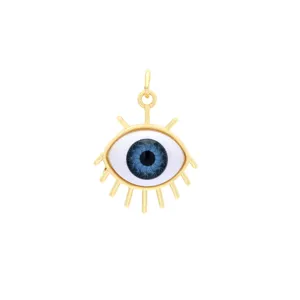 Detailed view of gold-toned evil eye pendant with realistic blue iris and radiant rays charm.