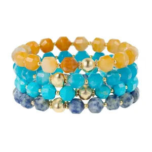 Layered gemstone beaded bracelet set, featuring colorful faceted stones and gold metal beads.