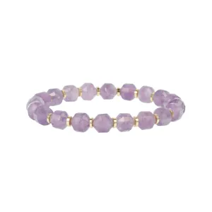 Detail view of the faceted purple gemstone bracelet featuring elegant metallic gold spacers.