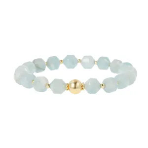 Light blue faceted crystal bead bracelet with gold textured central bead stackable jewelry