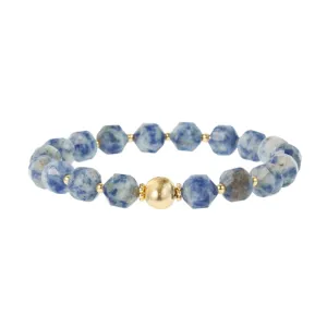 Detailed view of the elegant blue faceted gemstone bead bracelet with gold-tone accents.