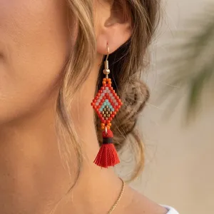 Handmade bohemian seed bead tassel earrings with vibrant diamond pattern for women vacation.