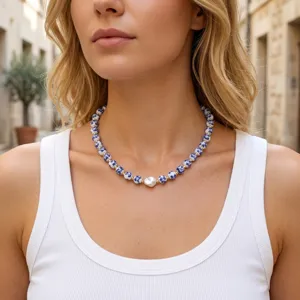 Blue and white ceramic pearl necklace, elegant vintage clavicle chain for women.