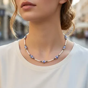 Neo Chinese Style Ceramic Blue And White Porcelain Choker Necklace For Women Artistic Artificial Pearl Beaded Copper Clasp Commute Party Elegant Collar Chain Jewelry