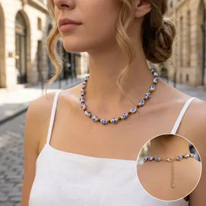 Elegant Chinese style blue and white porcelain bead necklace, trendy clavicle chain for women.