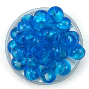 Blue transparent acrylic round beads detail close up for DIY jewelry crafting and necklace making.