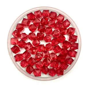 Close-up view of vibrant red faceted square acrylic beads, perfect for DIY jewelry craft.