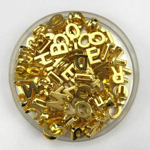 Gold alphabet letter beads with straight hole for DIY jewelry making bracelets and necklaces.