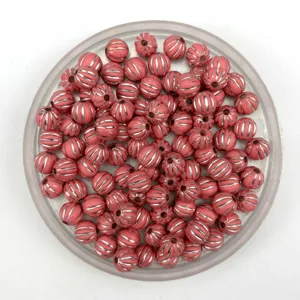 Acrylic pink pumpkin beads detailed shot, silver striped DIY jewelry making craft accessories loose beads.