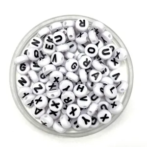 White acrylic alphabet letter beads for DIY jewelry making, round drum shape, large hole spacers.