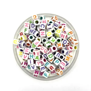 Acrylic square letter beads detail view, colorful alphabet charms for DIY handmade jewelry crafts.
