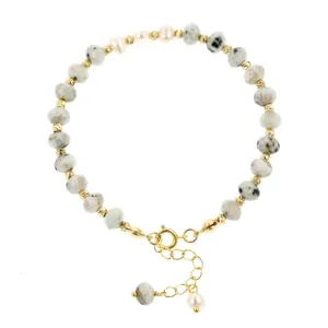 Boheemse halfedelstenen kralen armband met zoetwaterparels en gouden metalen verlengketting.